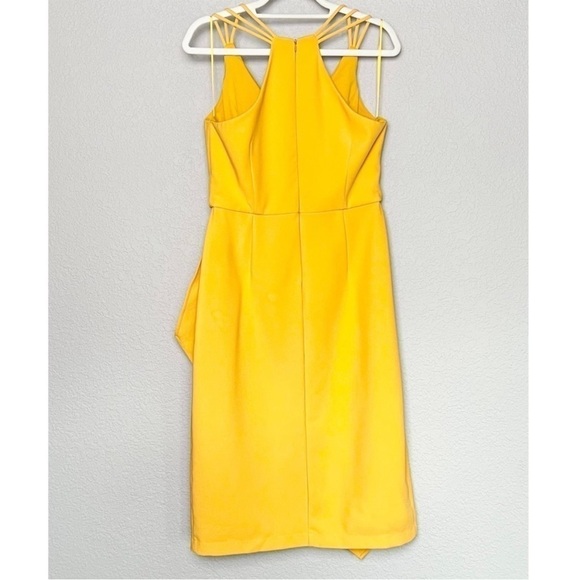 HARLYN Asymmetrical Ruffle Sleeveless V-Neck Yellow‎ Crepe Sheath Midi Dress L - Picture 4 of 8